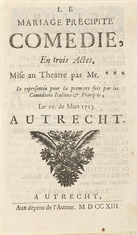 Title page for: La mariage precipité, Utrecht: 1713, anonymous, 1713 Canvas Print