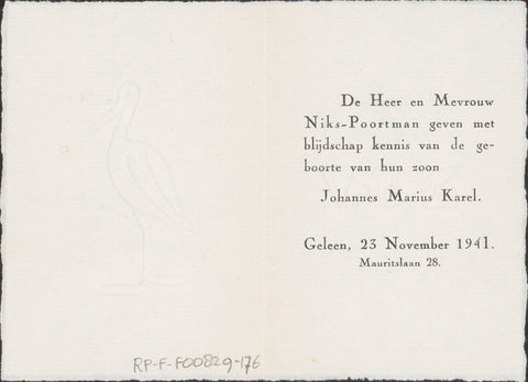 Birth announcement of Johannes Marius Karel, son of mr and mrs Niks-Poortman, anonymous, c. 1941 Canvas Print