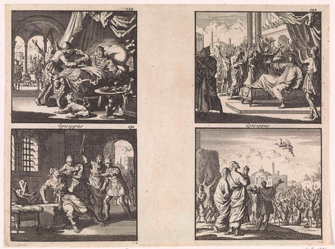 Herod in bed is prevented by a warrior from killing himself / Antipater is killed in prison by order of his father Herod / Peter, surrounded by a cheering crowd, has raised a dead man / Simon the Magician tries to fly, Jan Luyken, 1698 Canvas Print