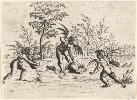 Landscape with three putti playing a ball game, Christoph Jamnitzer, 1573 - 1610 Canvas Print