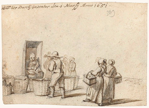 Vegetable sellers and buyers, from the front, Harmen ter Borch, 1651 Canvas Print