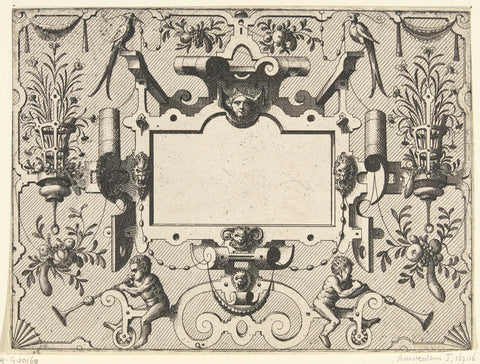 Cartouche surrounded by grotesques, with a basket of flowers on the left and right, Johannes or Lucas van Doetechum, c. 1555 - c. 1560 Canvas Print