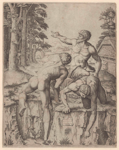 Three naked men in landscape, Marcantonio Raimondi, 1510 Canvas Print