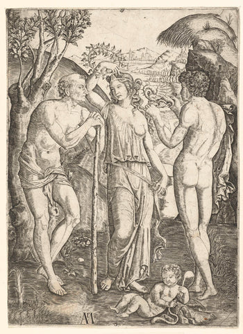 Jonge vrouw met bladerkrans staand tussen oude man leunend op stok en jonge man met draak en kind, Marcantonio Raimondi, 1510 - 1527 Canvas Print