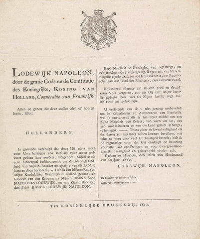 Notification to the people of the abdication by Louis Napoleon, 1810, Royal Printing House, 1810 Canvas Print