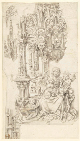 Mary with child seated on a throne surrounded by angels making music, Jan Gossaert (circle of), 1503 Canvas Print