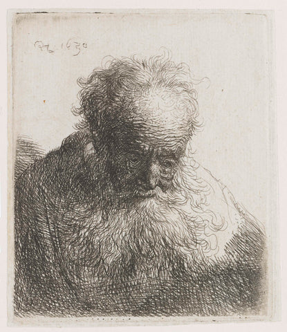 Bust of an old man with a flowing beard: the head bowed forward: left shoulder unshaded, Rembrandt van Rijn, 1630 Canvas Print