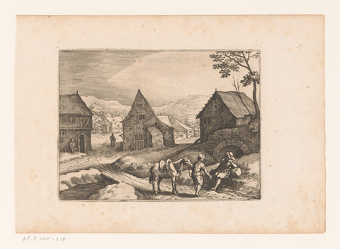 Village view two resting travelers, Matthäus Merian (I), 1620 Canvas Print