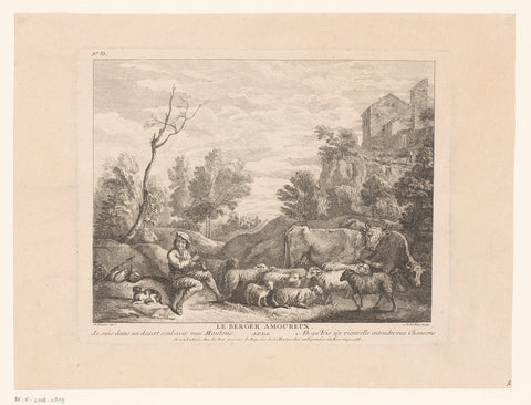 Whistling shepherd with flock in a landscape, Jacques-Philippe Le Bas, 1735 Canvas Print