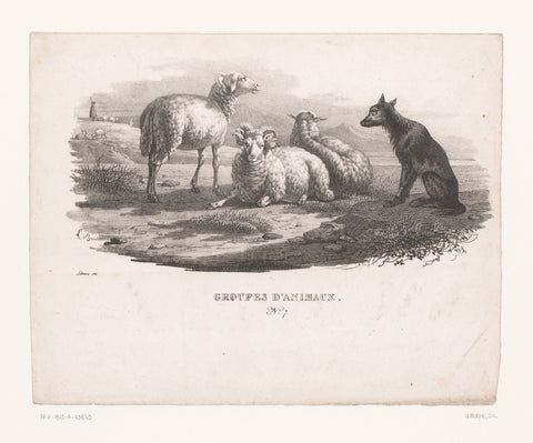 Aries, two sheep and a sheepdog, Joseph Louis Leborne, 1828 - 1829 Canvas Print