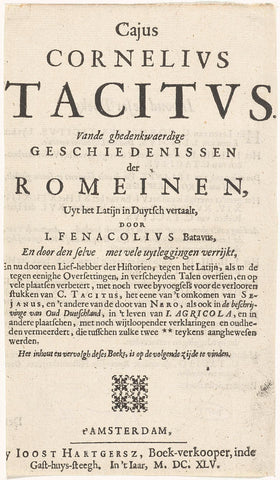 Titelpagina voor: Vande ghedenkwaerdige geschiedenissen der Romeinen, Amsterdam 1645, Cornelis van Dalen (I) (rejected attribution), 1645 Canvas Print