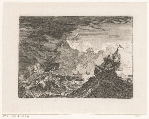 Two sailing ships lifted by the waves during a storm, Johann Wilhelm Baur, in or after 1809 Canvas Print