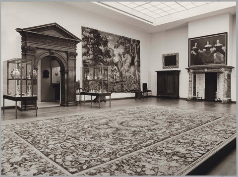 Room with portico, cupboard, painting, fireplace, floor and tapestries and display cases with metal objects, 1982 Canvas Print