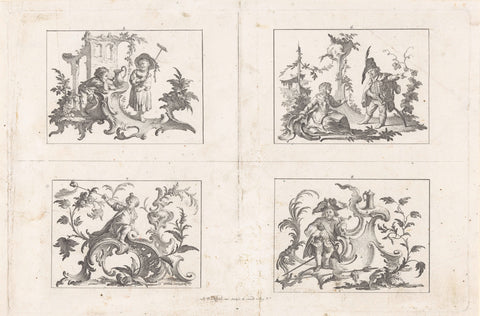 Four scenes with pipe-smoking men and women, Johann Esaias Nilson, c. 1731 - 1788 Canvas Print