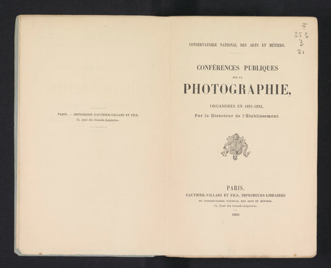 Public lectures on photography, organized in 1891-1892, Gauthier-Villars & Fils, 1893 Canvas Print