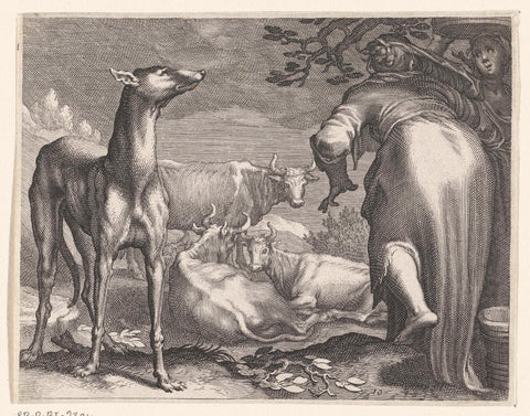 Two women and dog at cows, Boëtius Adamsz. Bolswert, 1611 Canvas Print