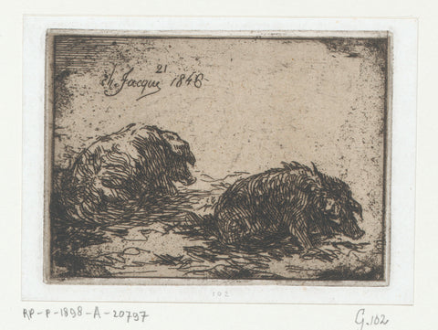 Two Reclining Pigs, Charles Emile Jacque, 1848 Canvas Print