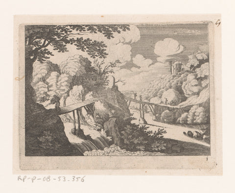 Landscape with two wooden bridges over river and cascade, Matthäus Merian (I), 1622 Canvas Print