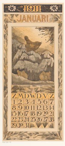 Calendar sheet January with wren and mice, Theo van Hoytema, 1910 Canvas Print