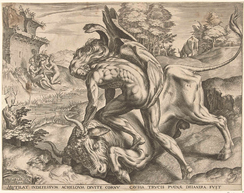 Hercules wrestles with Achelous, Cornelis Cort, 1563 Canvas Print