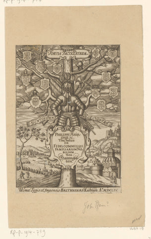 Family tree with armor and landscape, Johann Pfann, 1654 Canvas Print