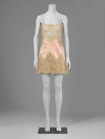 Underdress of pink crepe de chine trimmed with a wide strip of appliqué lace, Madame Watrigant, 1920 - 1930 Canvas Print