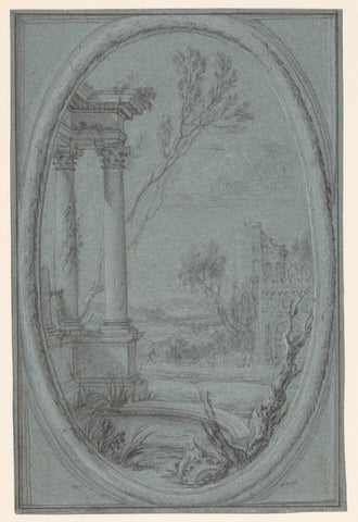 Landscape with temple ruins in oval frame, Jacques Patel (attributed to), 1640 - 1662 Canvas Print