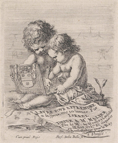 Titelprent met twee kleine jongens tekenend in een schetsboek, Stefano della Bella, 1620 - 1664 Canvas Print