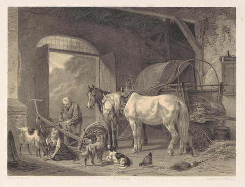 Stable with two figures and animals, Gerardus Johannes Bos, 1835 - 1898 Canvas Print