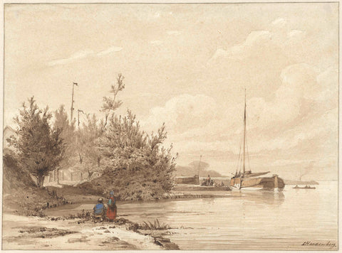 Landscape with moored boats on a riverbank, Lambertus Hardenberg (1744), c. 1855 Canvas Print