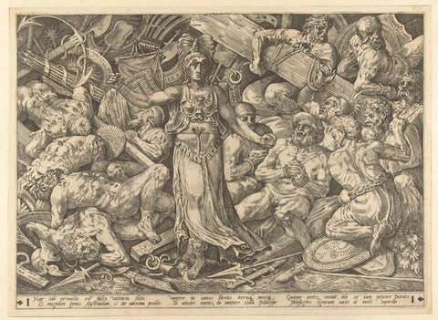 Victoria surrounded by prisoners and trophies, Frans Floris (I), 1552 Canvas Print