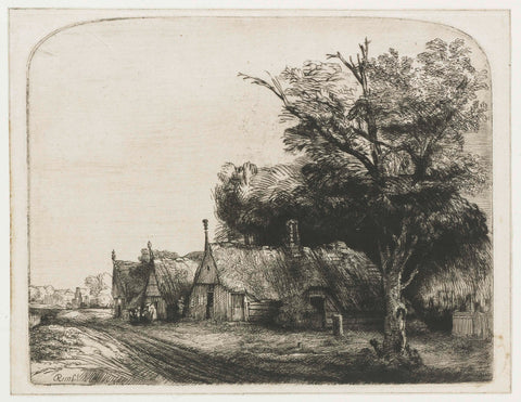 Landscape with Three Gabled Cottages beside a Road, Rembrandt van Rijn, 1650 Canvas Print