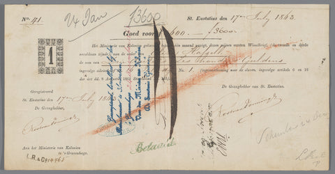 Bill of exchange for Elize Hassel, slaveholder on St Eustatius, anonymous, 1863 Canvas Print