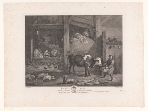 Two farmers feed the cattle in a stable, Jacques-Philippe Le Bas, 1743 Canvas Print