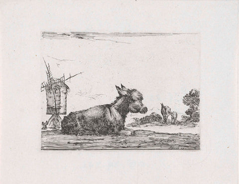 Donkey in a landscape with mill, Stefano della Bella, 1642 Canvas Print