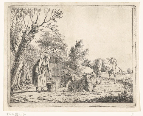 Landscape with woman with milk bucket and three cows at farm, Cornelis Bisschop (1762-1829), 1777 - 1829 Canvas Print