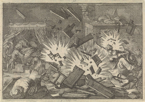 During the siege of Riga, a bomb explodes in a dwelling, 1656, Caspar Luyken, 1698 Canvas Print