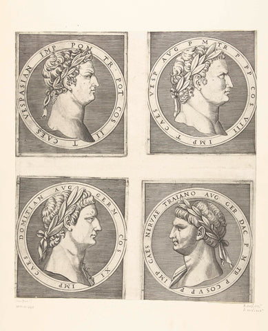 Portraits of emperors Vespasian and Titus and Domitian and Nerva, Marcantonio Raimondi, 1520 - 1562 Canvas Print