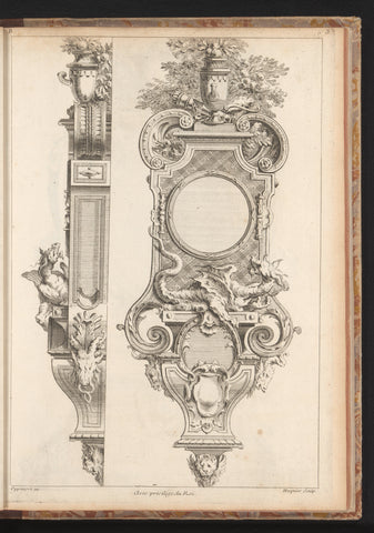 Front and side view of a clock with a dragon on it, Gabriel Huquier, Gilles Marie Oppenort, c. 1725 - c. 1750 Canvas Print