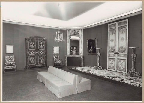 Corner of a room with a mirror, a double door, furniture and a sofa for visitors, c. 1957 Canvas Print