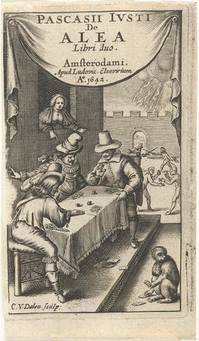 Men play dice game, on the ground sits monkey with playing cards, Cornelis van Dalen (I), 1642 Canvas Print