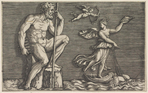 Galatea ontsnapt aan Polyphemus, Marco Dente (attributed to), 1498 - 1532 Canvas Print