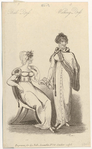 La Belle Assemblee, 1 october 1808, No. 36: Ball dress. Walking dress., anonymous, 1808 Canvas Print