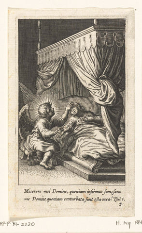 Sick child lies in bed and is cared for by angel, Boëtius Adamsz. Bolswert, 1624 Canvas Print