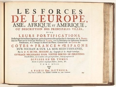 Titelpagina voor het prentwerk: The Forces of Europe, Asia, Africa and America (...) As well as the Maps of the Coasts of France and Spain (deel XVIII), 1726, Pieter van der Aa (I), 1726 Canvas Print