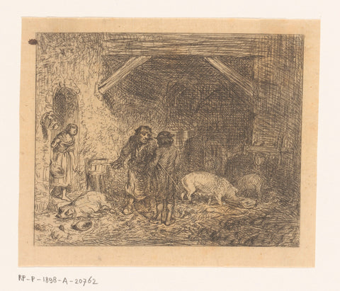 Two butchers in a pigsty, Charles Emile Jacque, 1844 Canvas Print