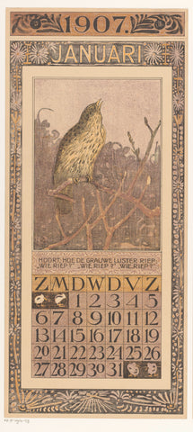 Calendar sheet January with thrush, Theo van Hoytema, 1906 Canvas Print