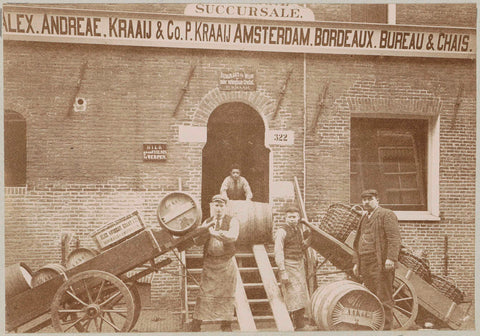 Personnel of Kraaij and Co. carries out loading and unloading work with drums and carts, anonymous, c. 1900 - c. 1910 Canvas Print