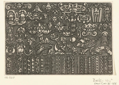 Maskers, dierenkoppen en drieentwintig randdecoraties, Johann von Halver, after 1600 - before 1630 Canvas Print