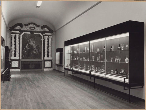 Room with an altar with painting, display cases with glass and silver and two passages, c. 1962 Canvas Print